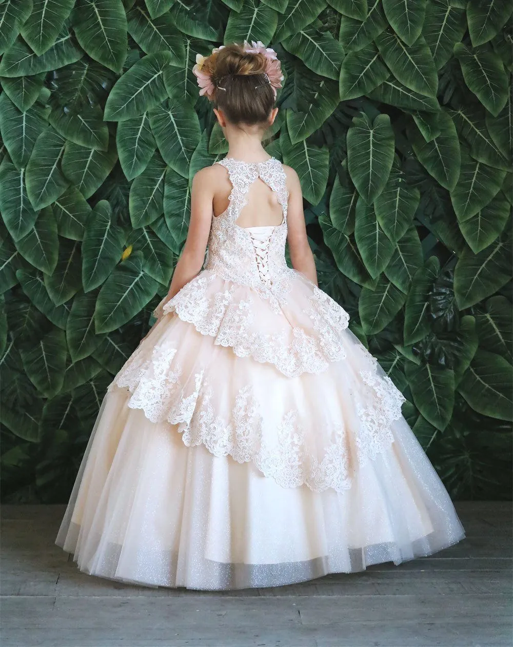 Girls Long Beaded Lace Tiered Dress by Calla KY224