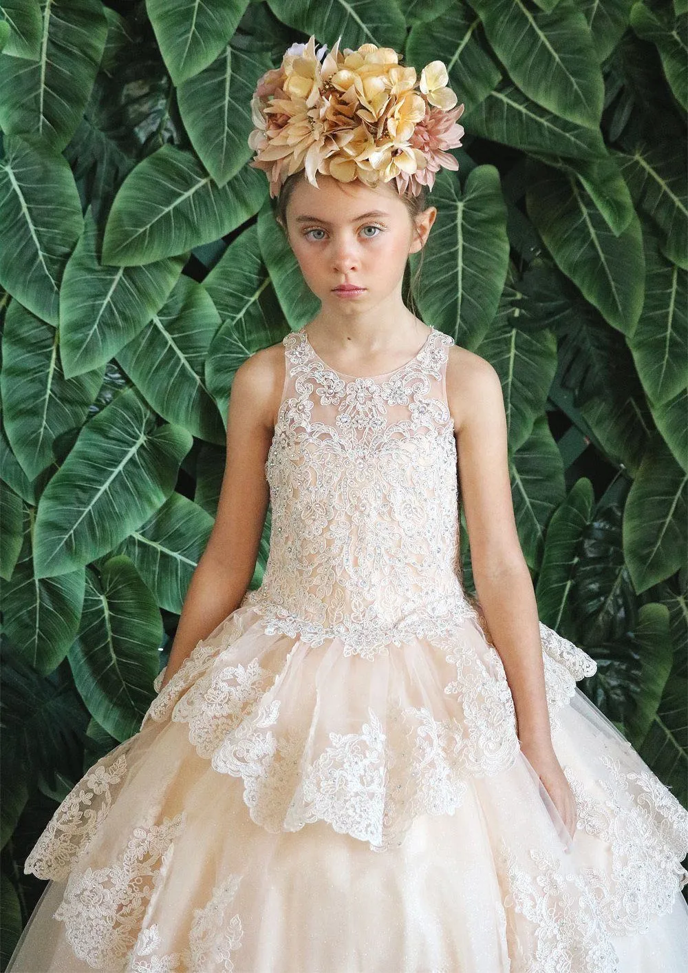 Girls Long Beaded Lace Tiered Dress by Calla KY224
