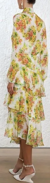 Golden Tiered Ruffle Floral Print Midi Dress