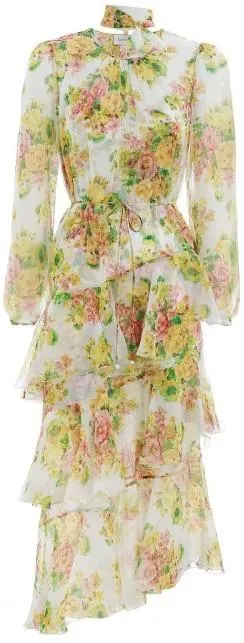 Golden Tiered Ruffle Floral Print Midi Dress