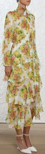 Golden Tiered Ruffle Floral Print Midi Dress