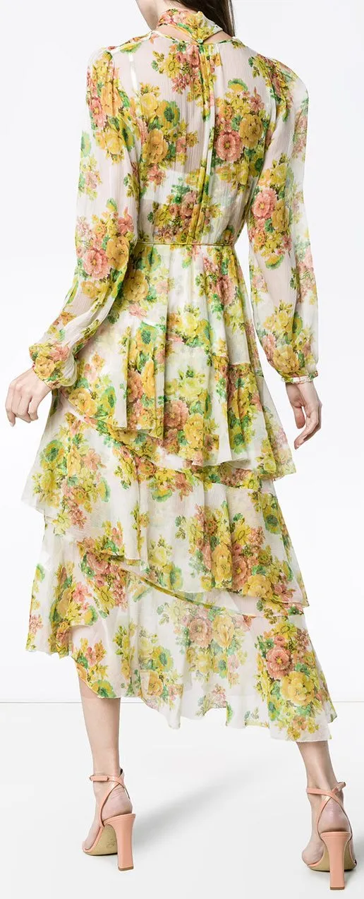 Golden Tiered Ruffle Floral Print Midi Dress