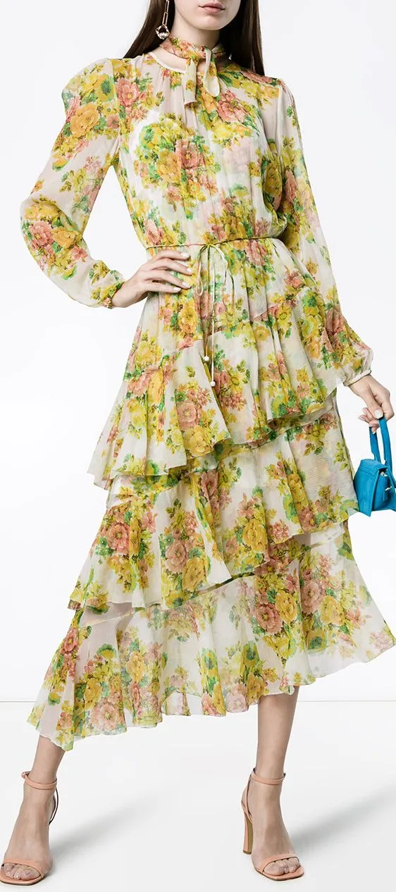 Golden Tiered Ruffle Floral Print Midi Dress