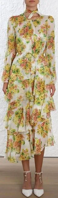 Golden Tiered Ruffle Floral Print Midi Dress