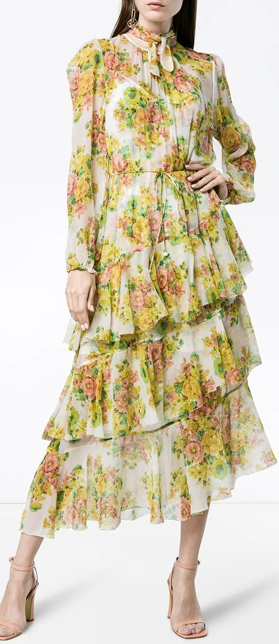 Golden Tiered Ruffle Floral Print Midi Dress