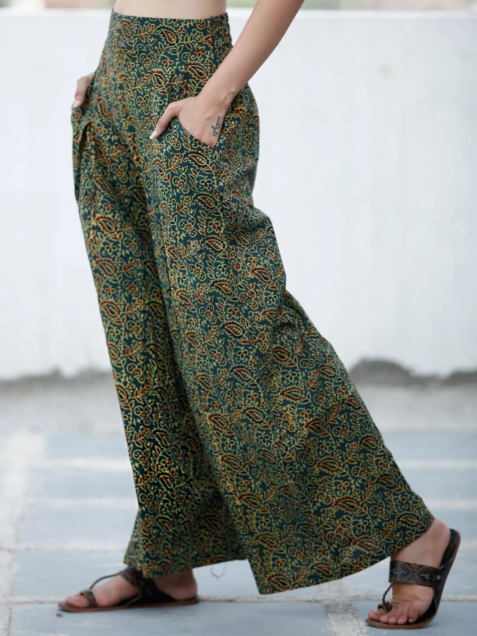 Green Yellow Maroon Ajrakh Hand Block Printed Semi Elasticated Waist Pleated Cotton Palazzo - P11F1690