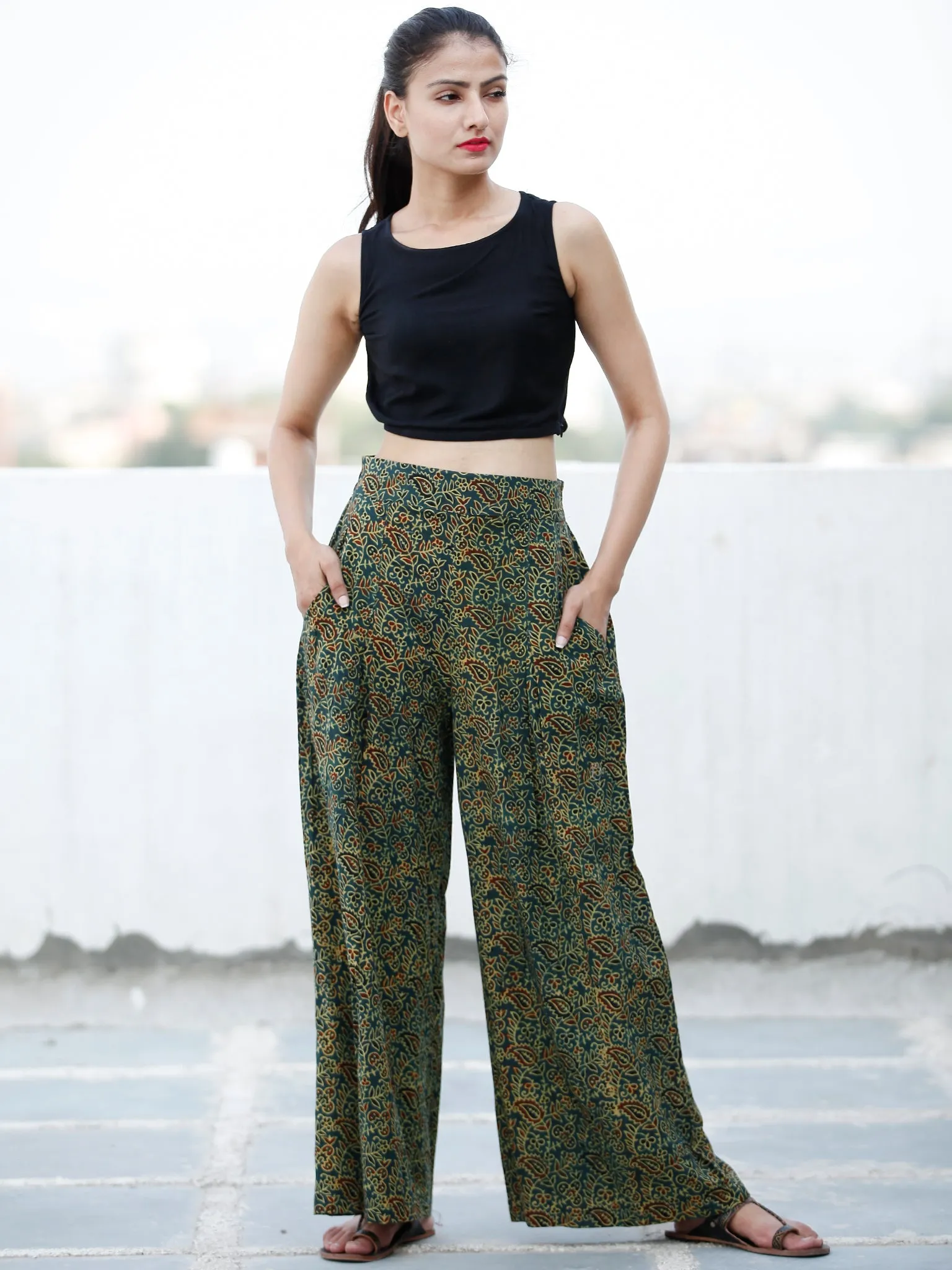 Green Yellow Maroon Ajrakh Hand Block Printed Semi Elasticated Waist Pleated Cotton Palazzo - P11F1690