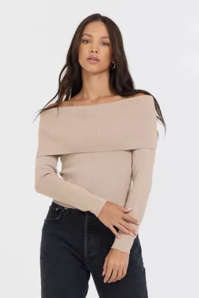 Heather Oatmeal Off Shoulder Sweater
