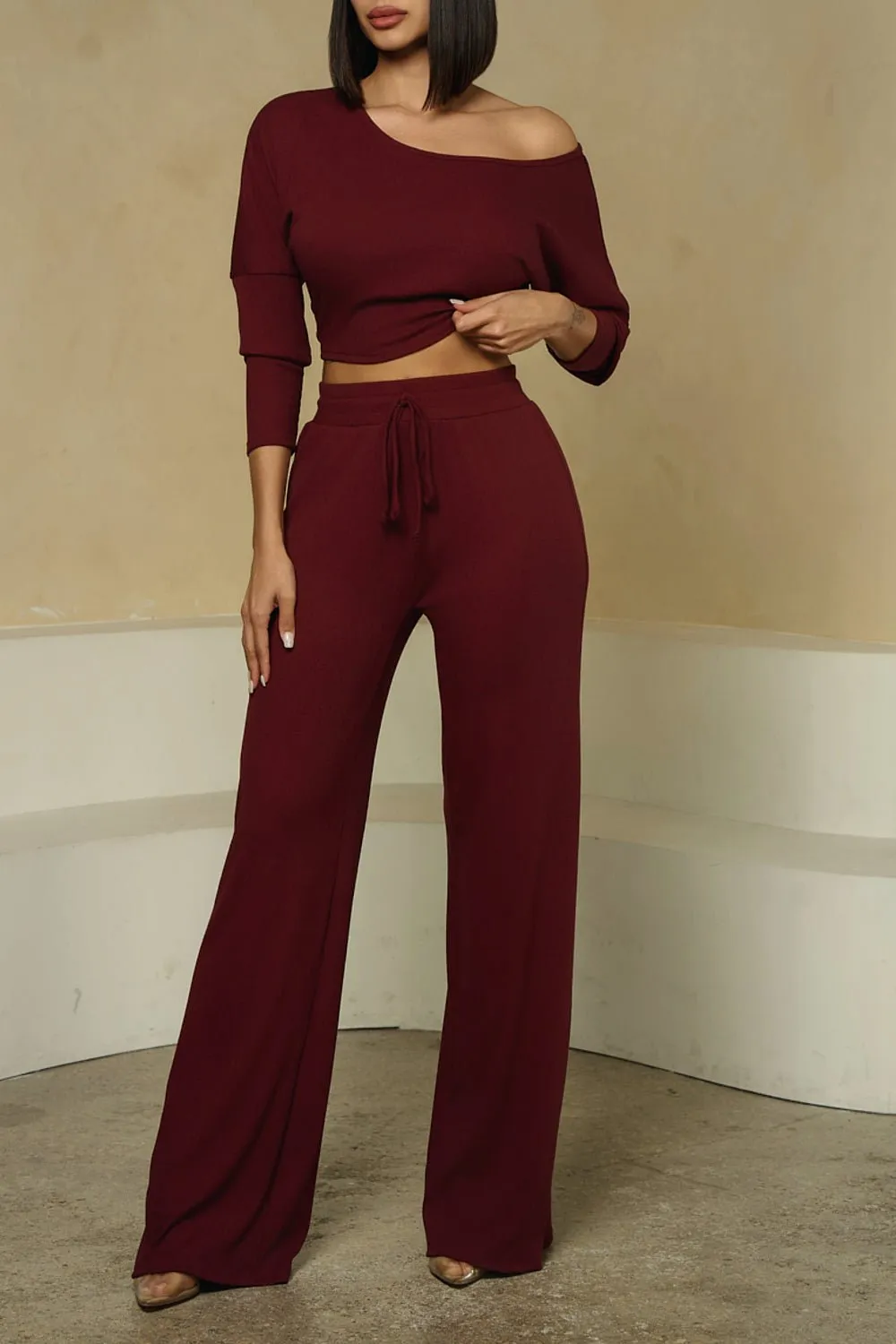 HMS Skins: Bordeaux Baby Rib Off Shoulder Long Sleeve Top