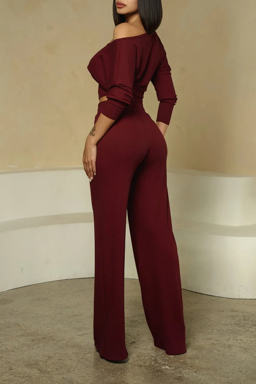 HMS Skins: Bordeaux Baby Rib Off Shoulder Long Sleeve Top