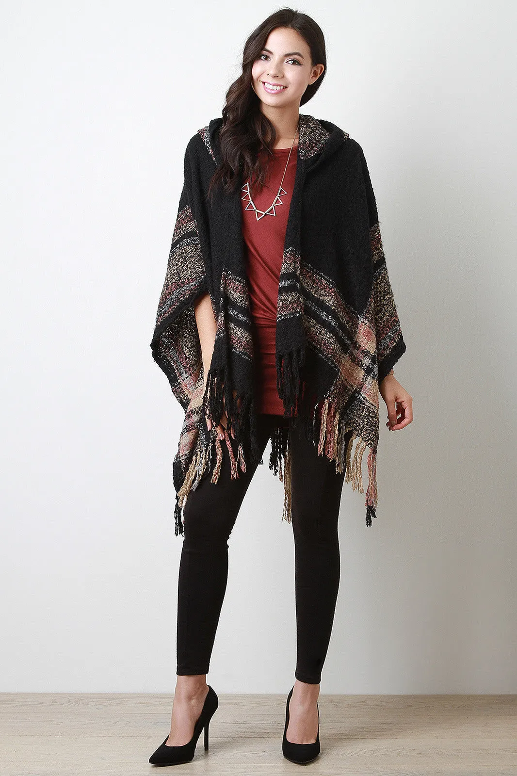 Hooded Melange Stripe Open Front Cardigan