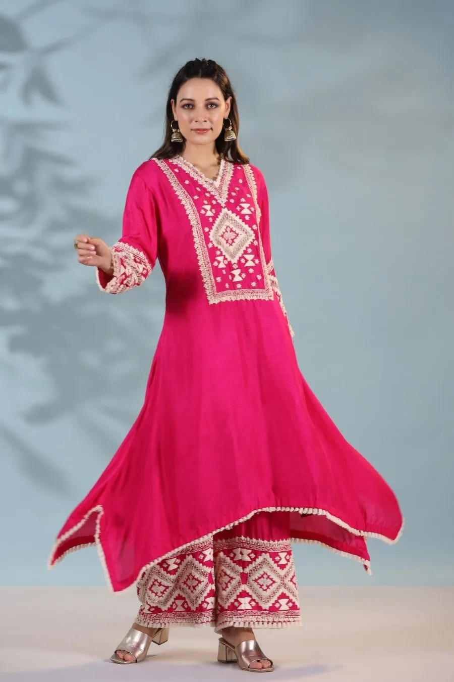 Hot Pink Kashmiri Embroidered Kurta with Palazzo