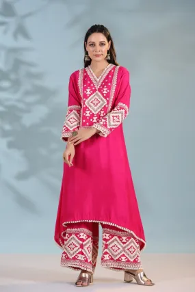Hot Pink Kashmiri Embroidered Kurta with Palazzo