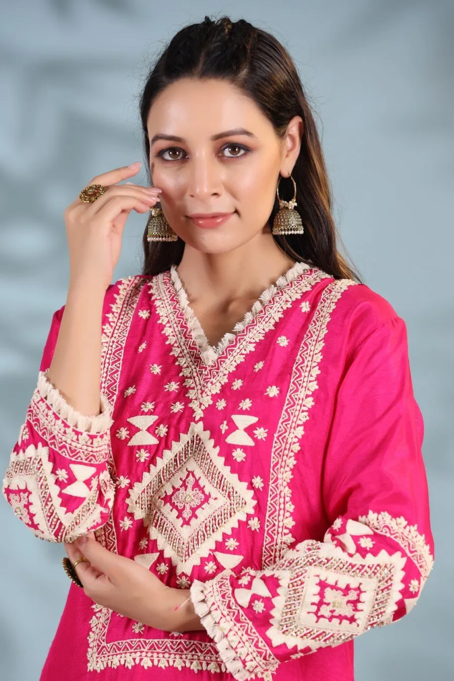 Hot Pink Kashmiri Embroidered Kurta with Palazzo