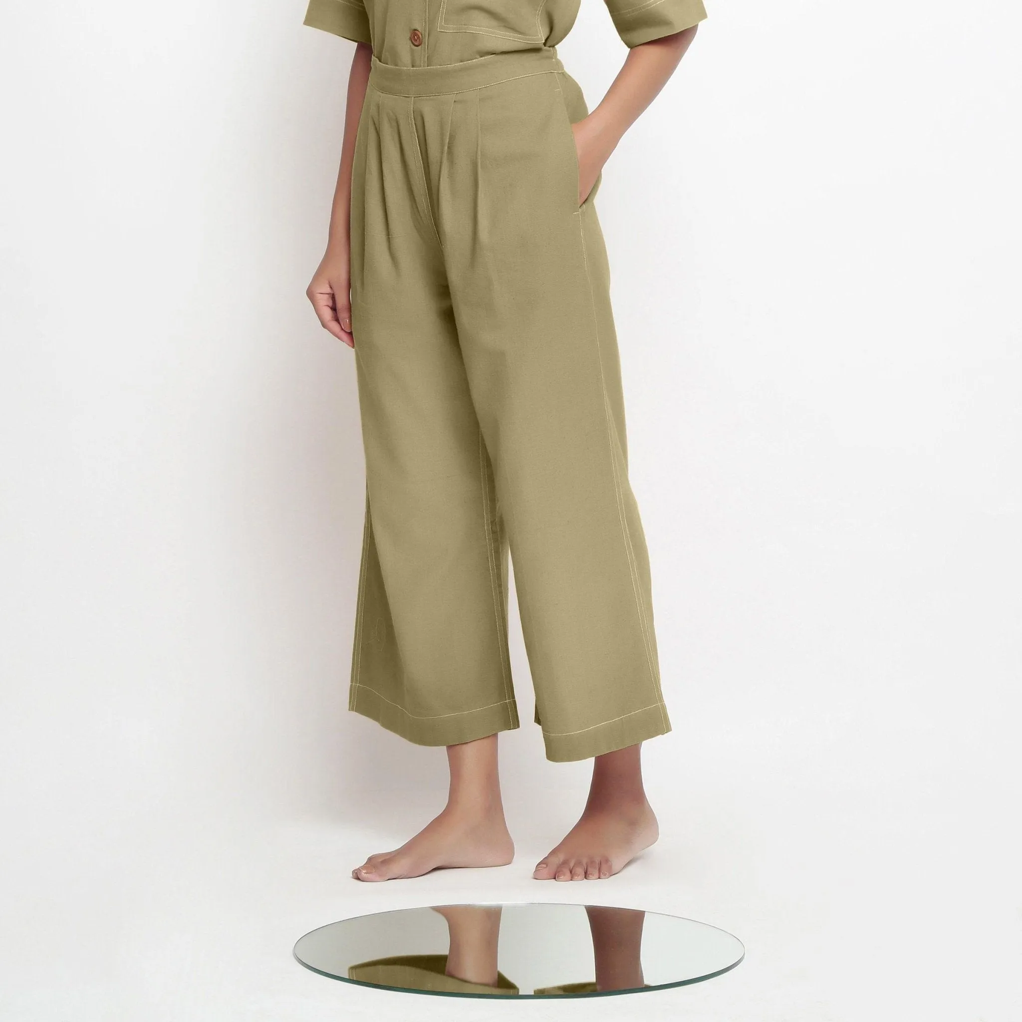 Khakhi Green 100% Cotton Elasticated Wide Legged Pant