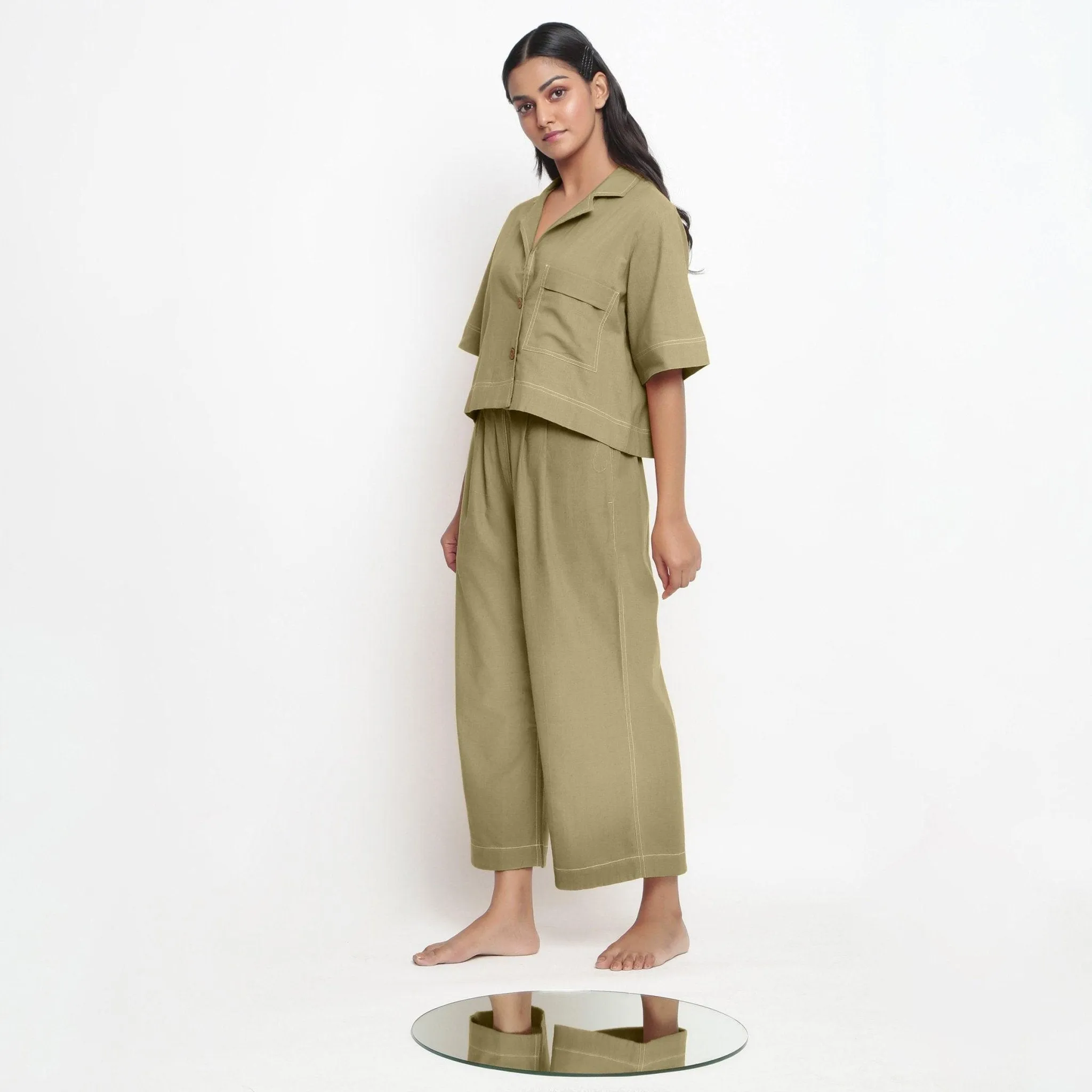 Khakhi Green 100% Cotton Elasticated Wide Legged Pant
