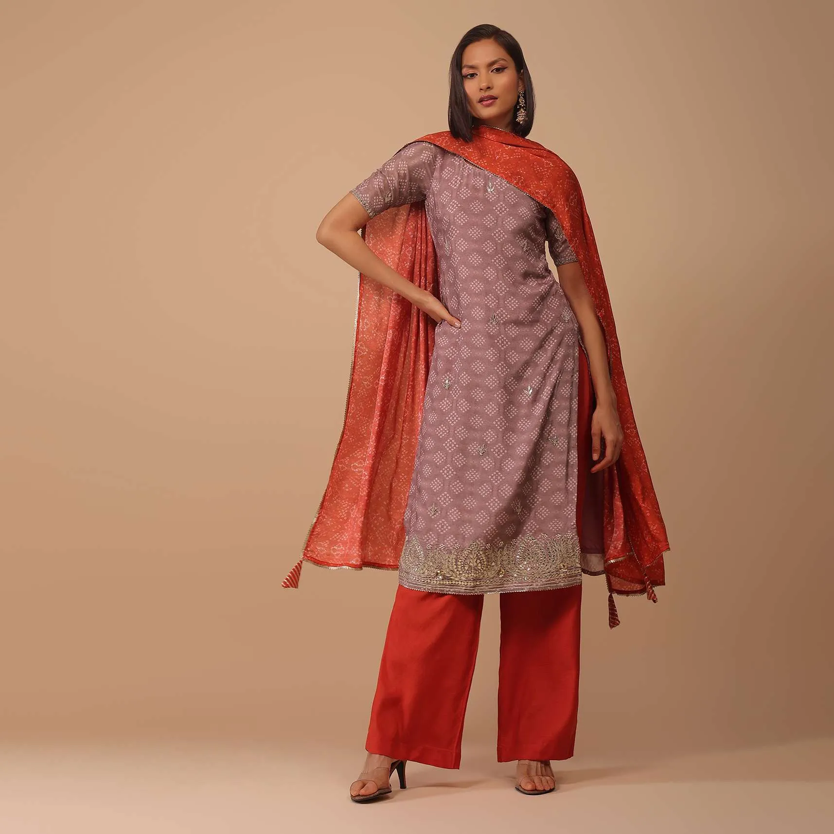 Lavender Purple Bandhani Printed Cotton Palazzo Suit With Embroidery