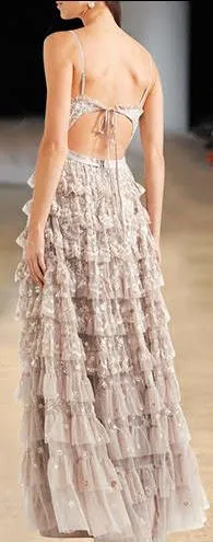 'Marie' Tiered Embellished Tulle Gown, Beige