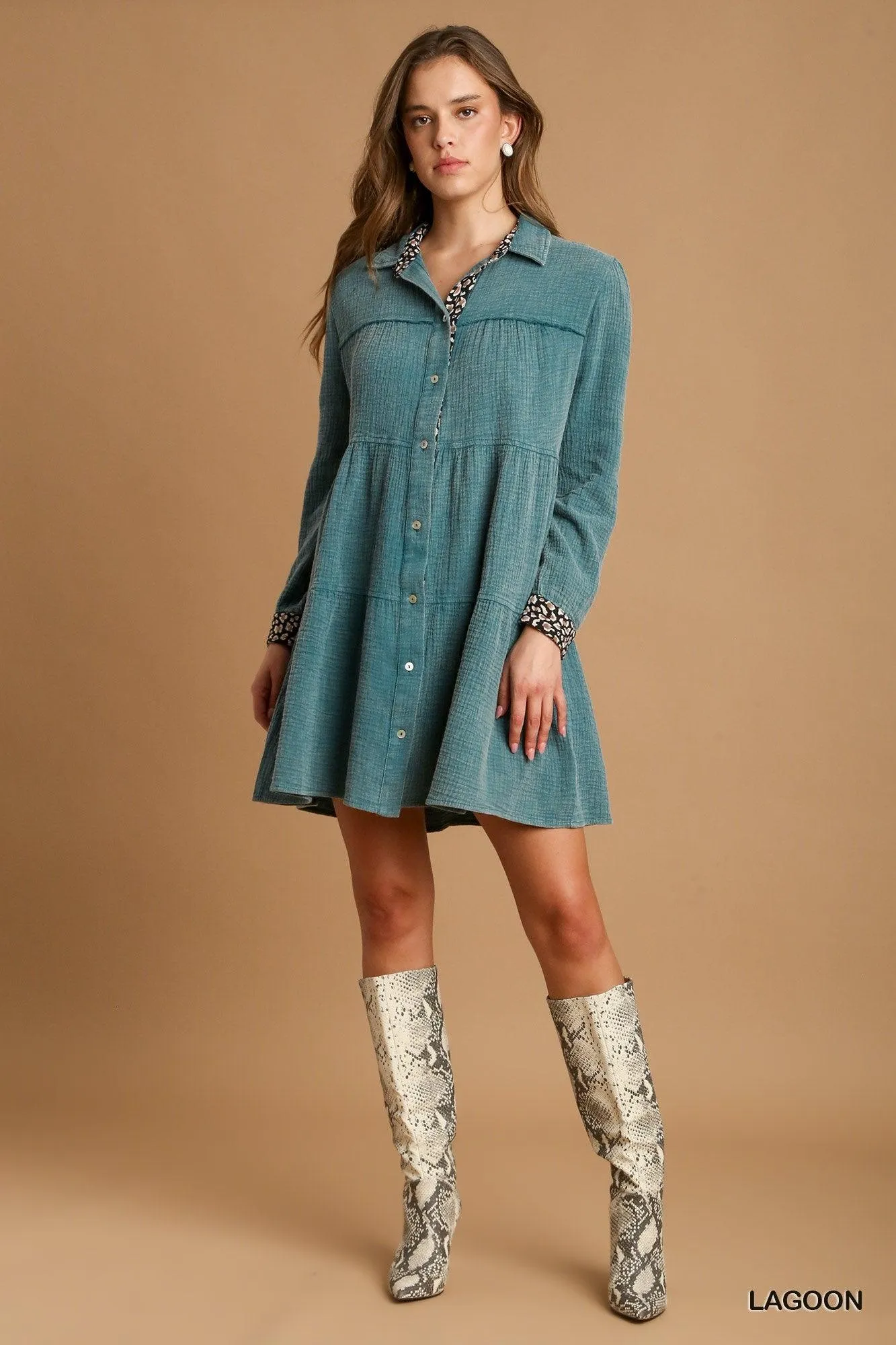Mineral Wash Cotton Gauze Tiered Dress - Lagoon Blue