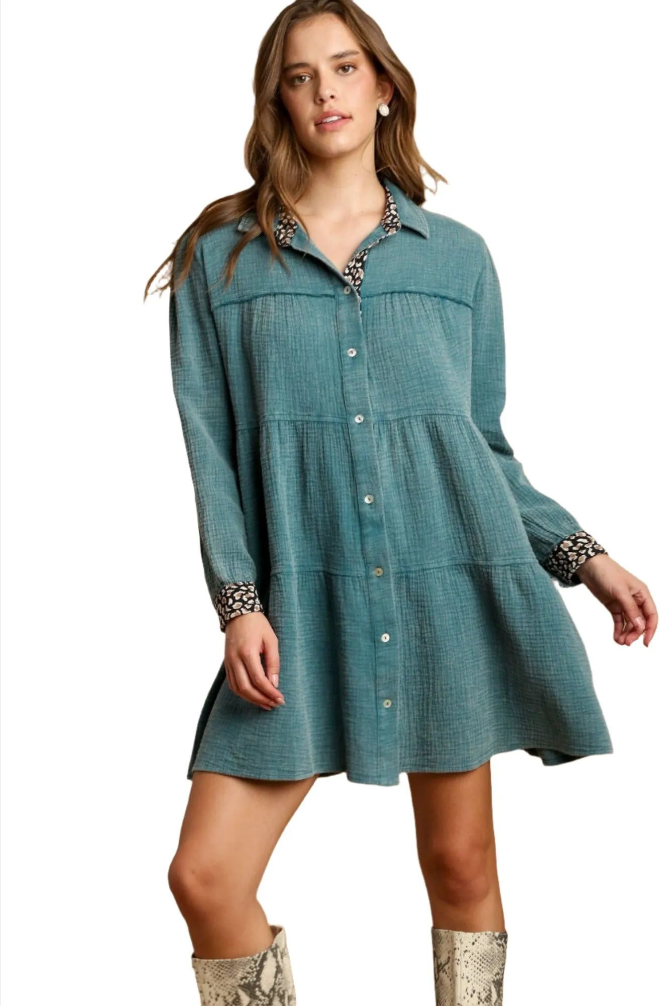 Mineral Wash Cotton Gauze Tiered Dress - Lagoon Blue