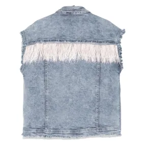 OVERSIZED FEATHER TRIMMED DENIM VEST
