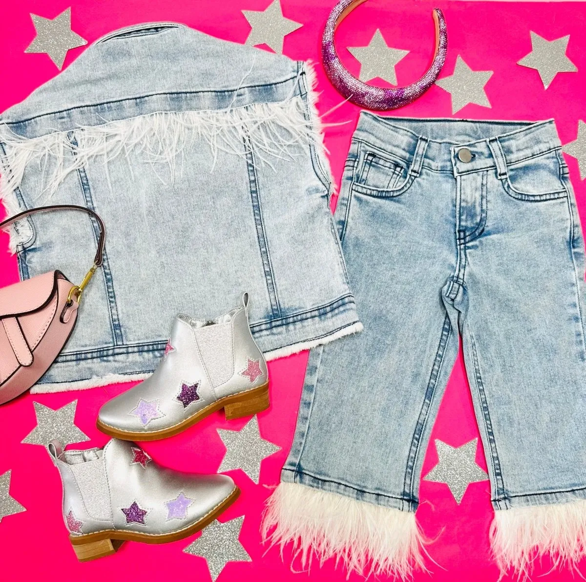 OVERSIZED FEATHER TRIMMED DENIM VEST
