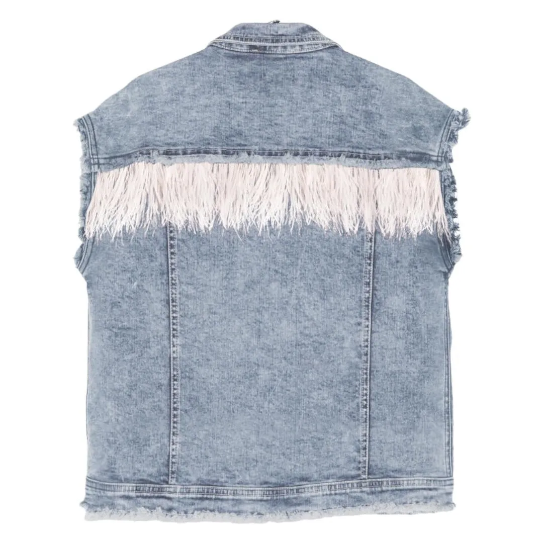 OVERSIZED FEATHER TRIMMED DENIM VEST