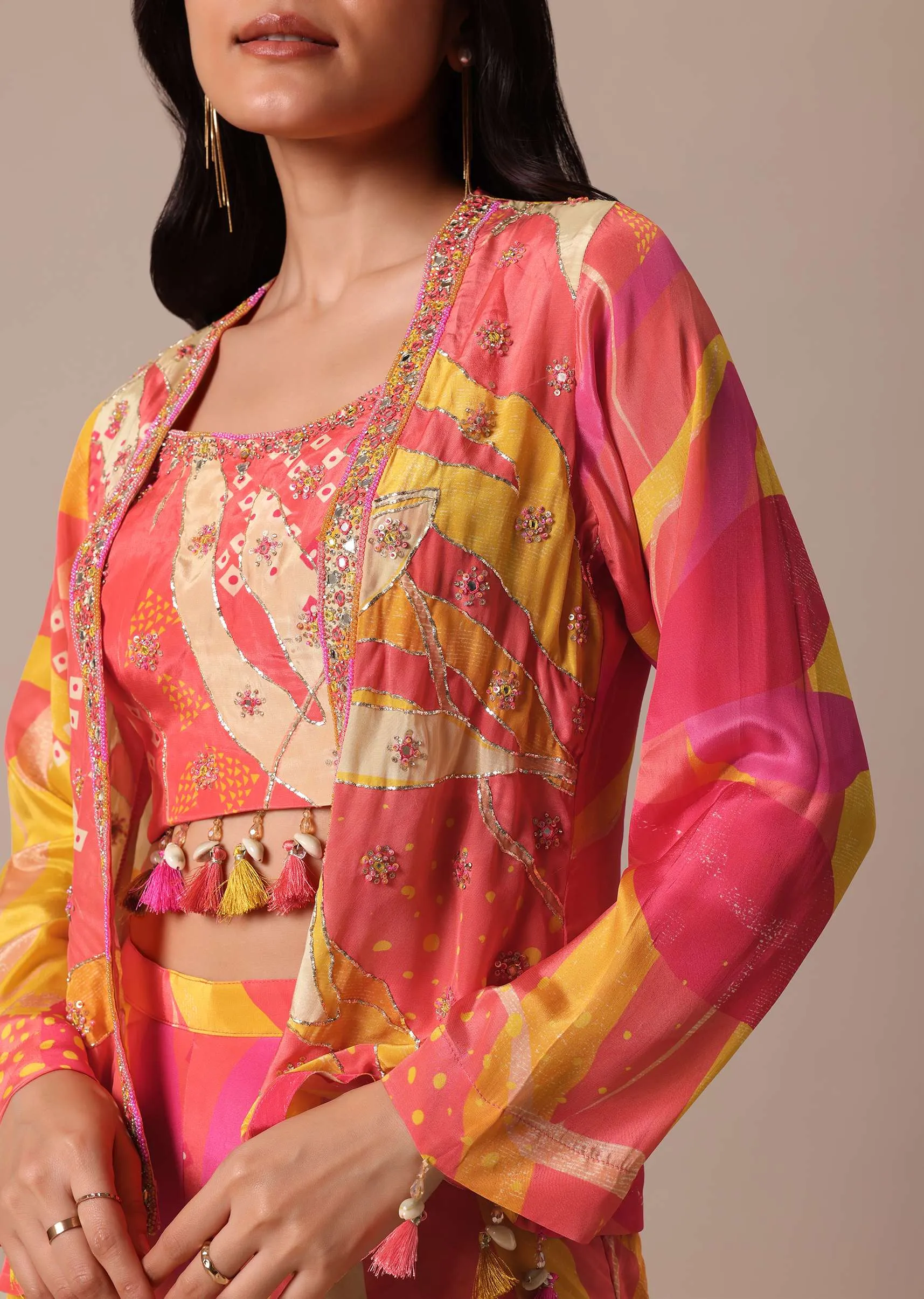 Peach Indo Fusion Jacket Set With Mirror Work