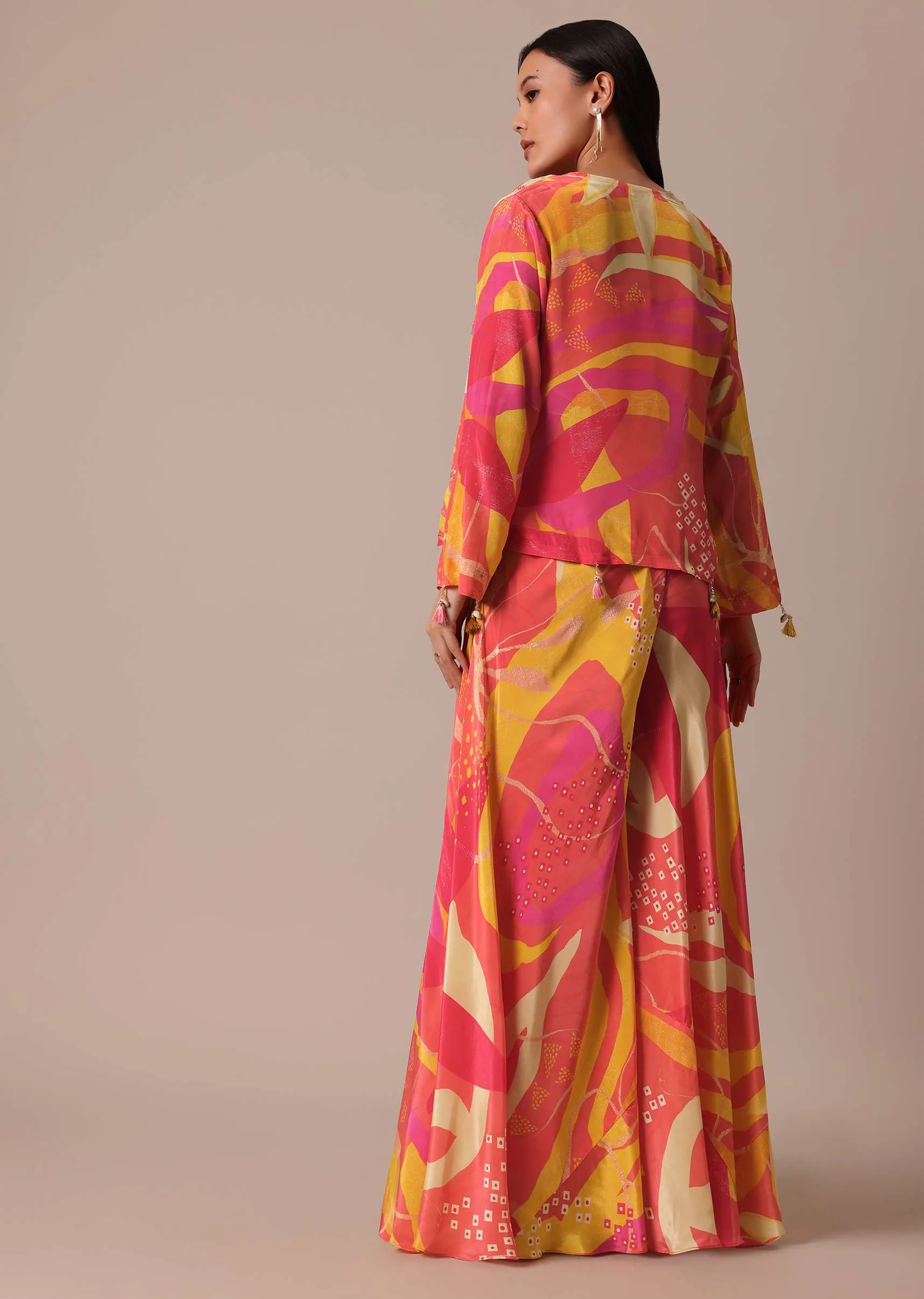 Peach Indo Fusion Jacket Set With Mirror Work