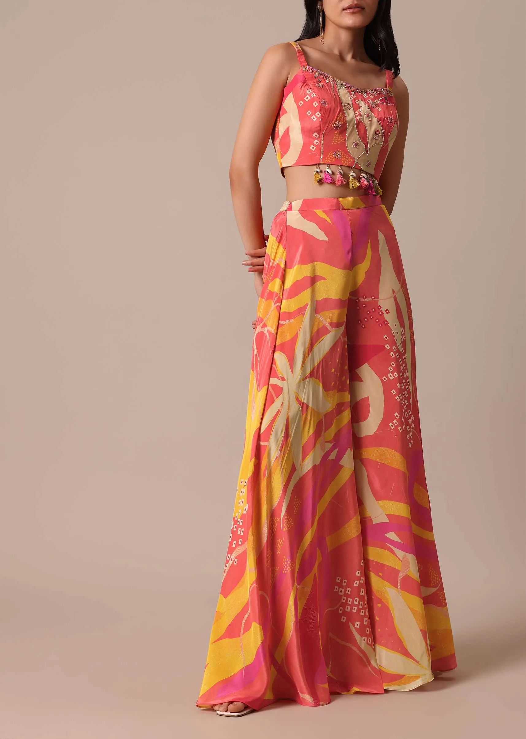 Peach Indo Fusion Jacket Set With Mirror Work