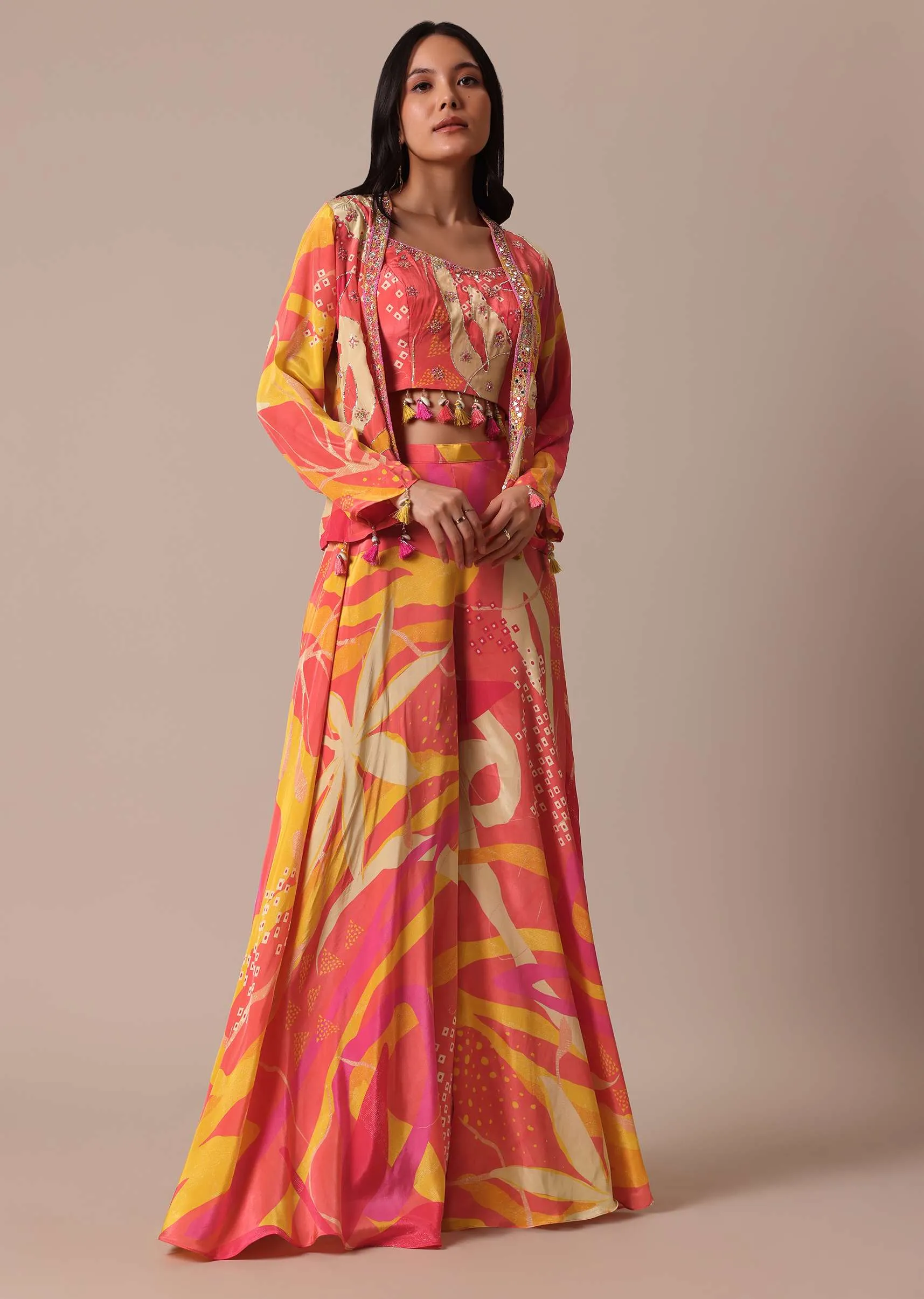 Peach Indo Fusion Jacket Set With Mirror Work