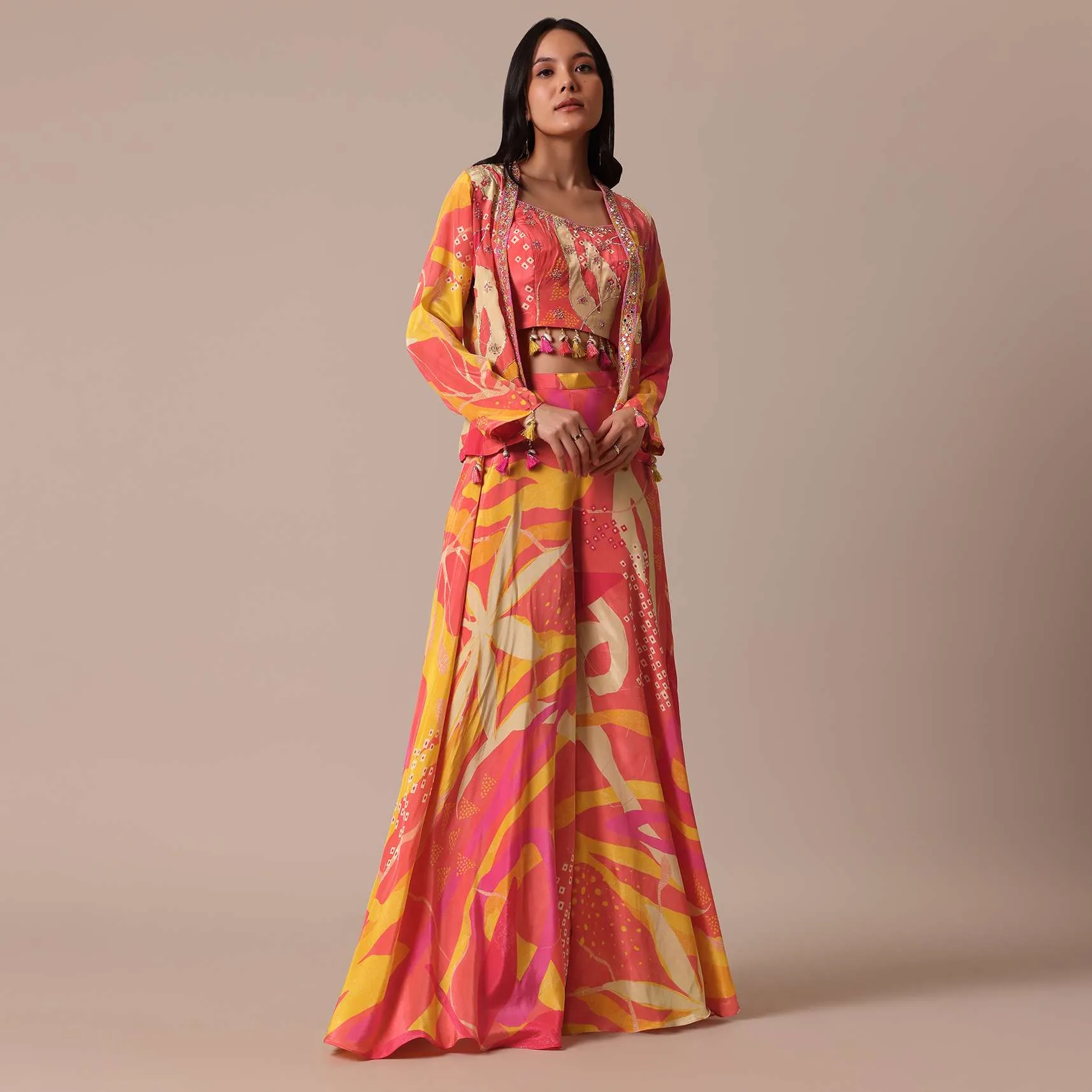Peach Indo Fusion Jacket Set With Mirror Work