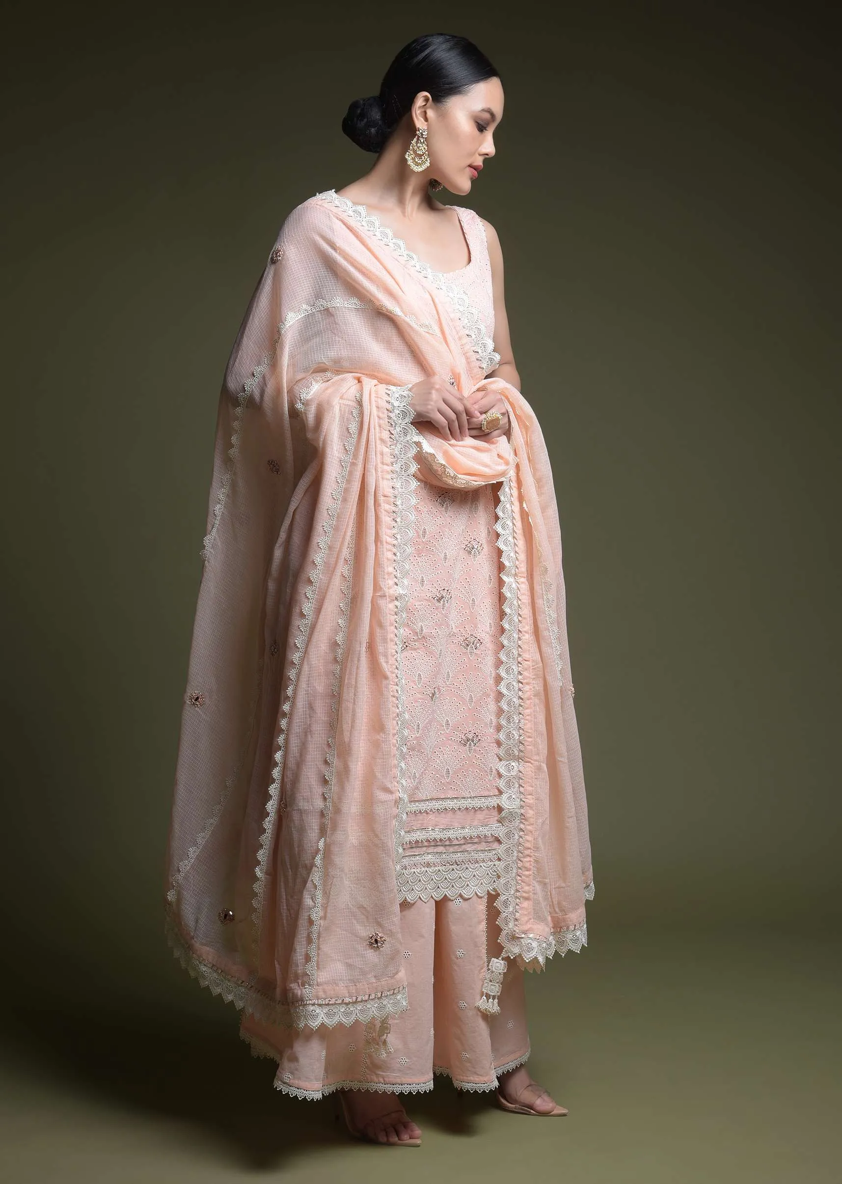 Peach Palazzo Suit In Cotton With Thread Cut Work Embroidered Scallop Jaal And Mirror Abla Work