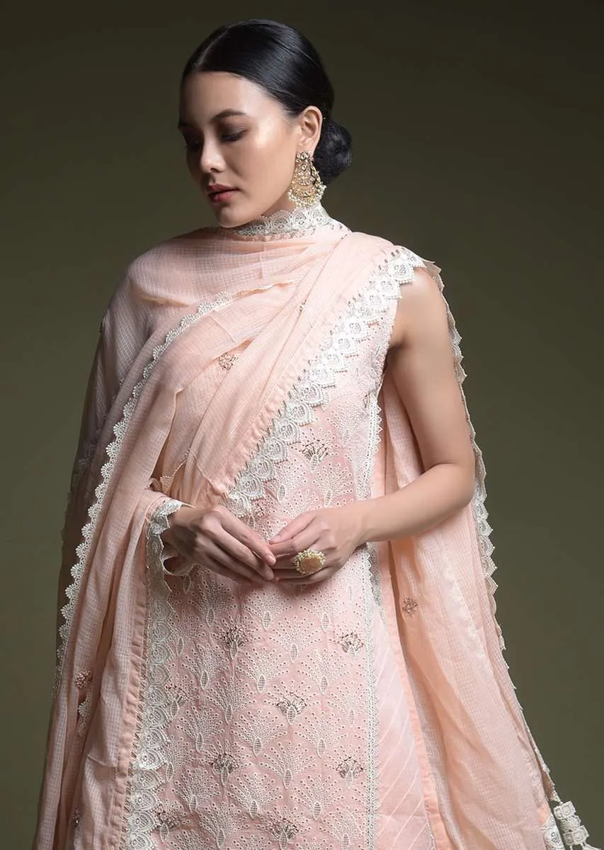 Peach Palazzo Suit In Cotton With Thread Cut Work Embroidered Scallop Jaal And Mirror Abla Work