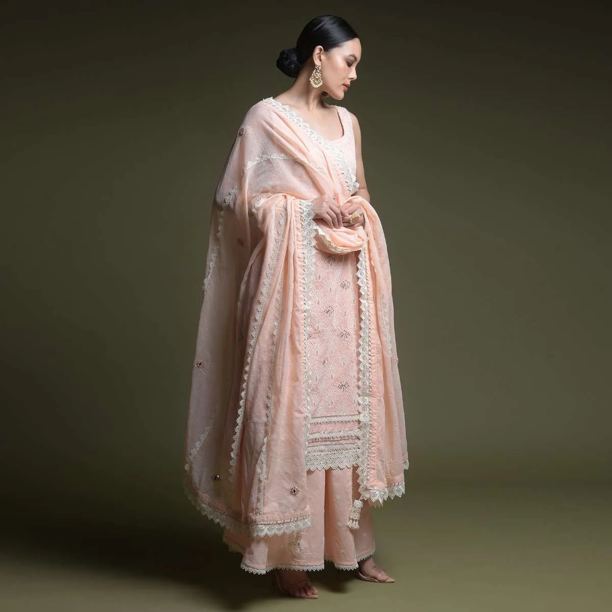 Peach Palazzo Suit In Cotton With Thread Cut Work Embroidered Scallop Jaal And Mirror Abla Work