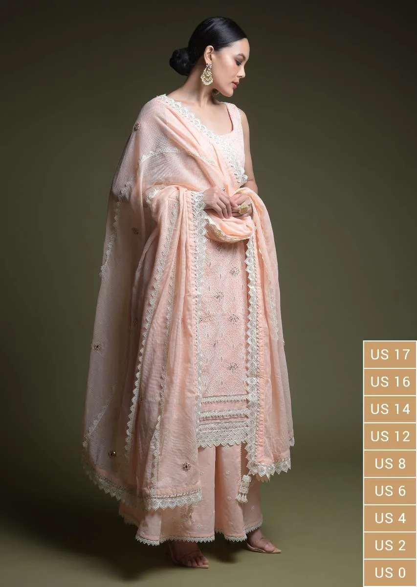 Peach Palazzo Suit In Cotton With Thread Cut Work Embroidered Scallop Jaal And Mirror Abla Work