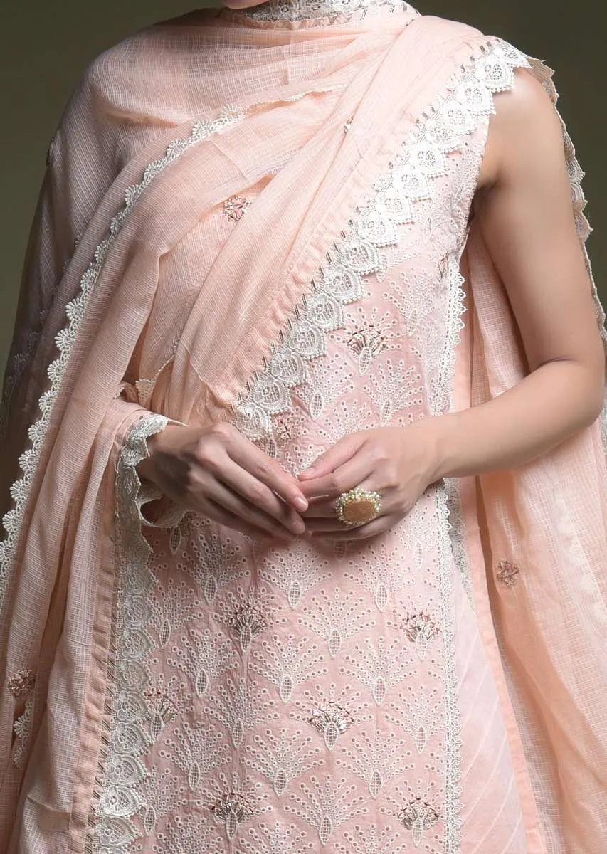 Peach Palazzo Suit In Cotton With Thread Cut Work Embroidered Scallop Jaal And Mirror Abla Work
