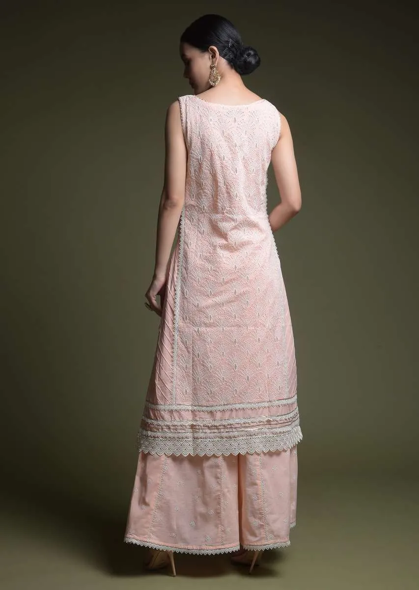 Peach Palazzo Suit In Cotton With Thread Cut Work Embroidered Scallop Jaal And Mirror Abla Work