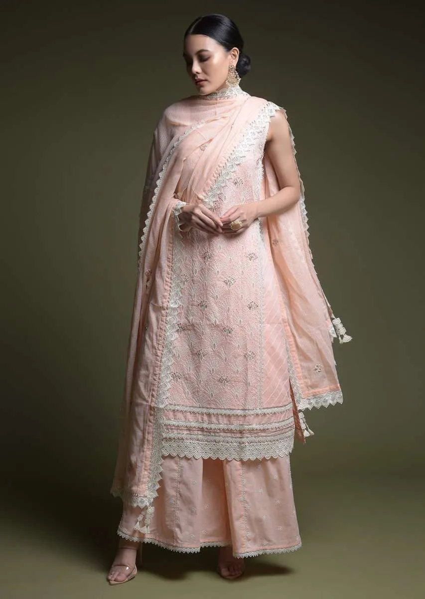 Peach Palazzo Suit In Cotton With Thread Cut Work Embroidered Scallop Jaal And Mirror Abla Work