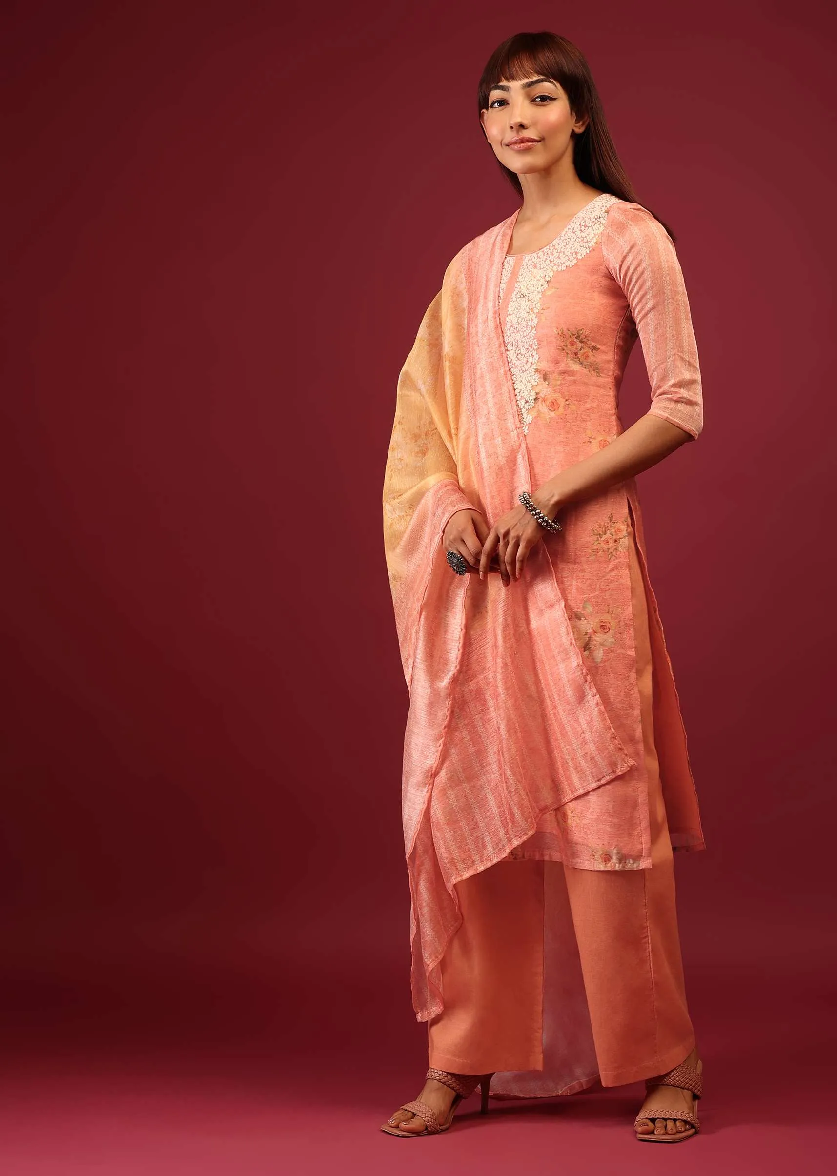 Peach Pink Floral Print Palazzo Suit In U Neckline With Thread And Zari Embroidery