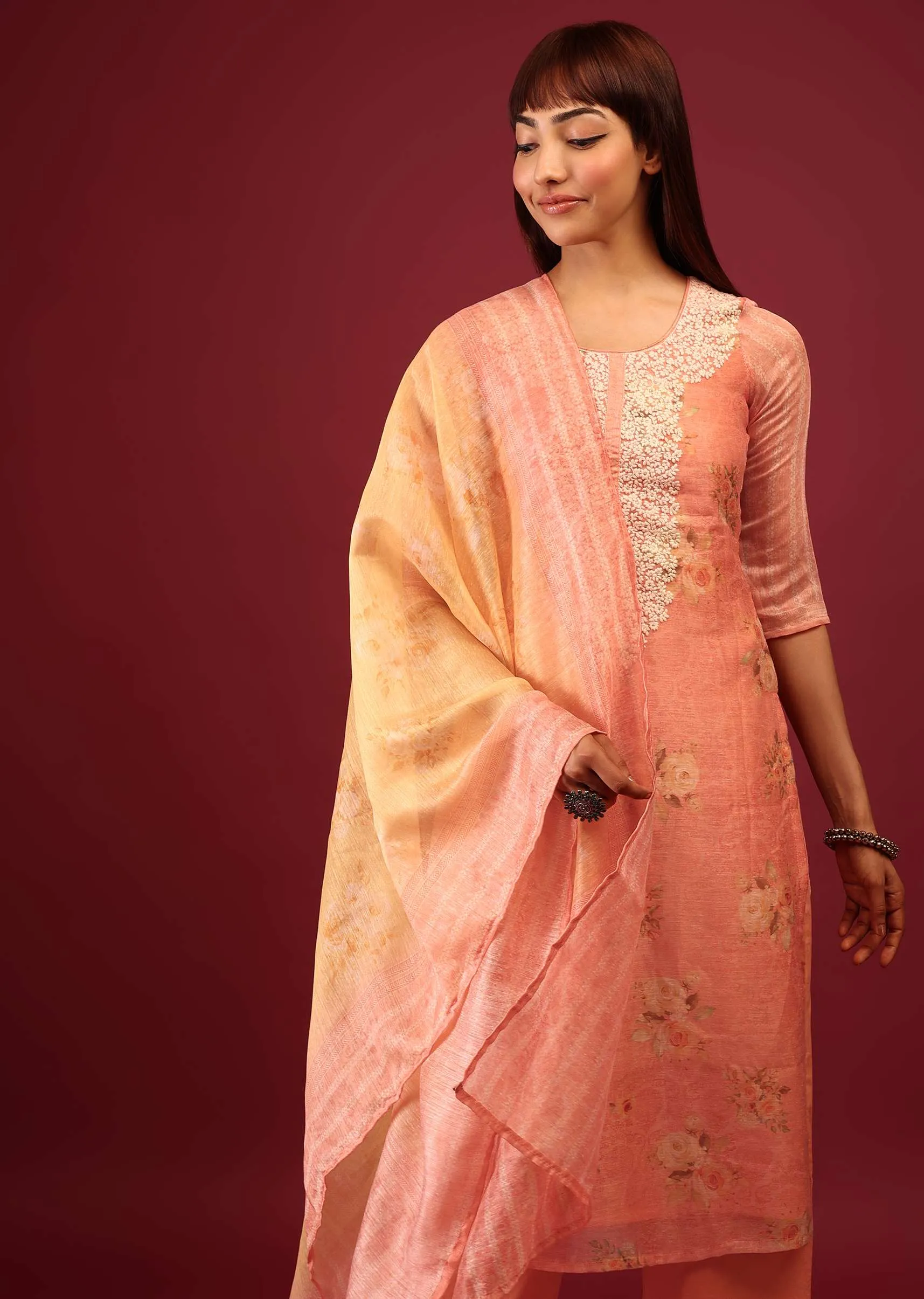 Peach Pink Floral Print Palazzo Suit In U Neckline With Thread And Zari Embroidery