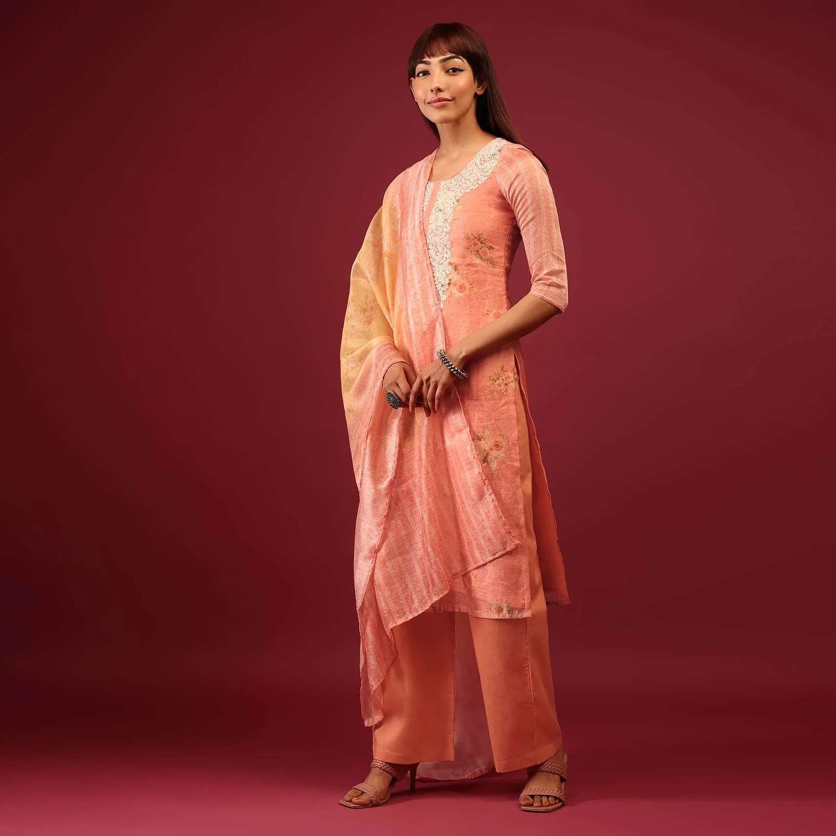 Peach Pink Floral Print Palazzo Suit In U Neckline With Thread And Zari Embroidery