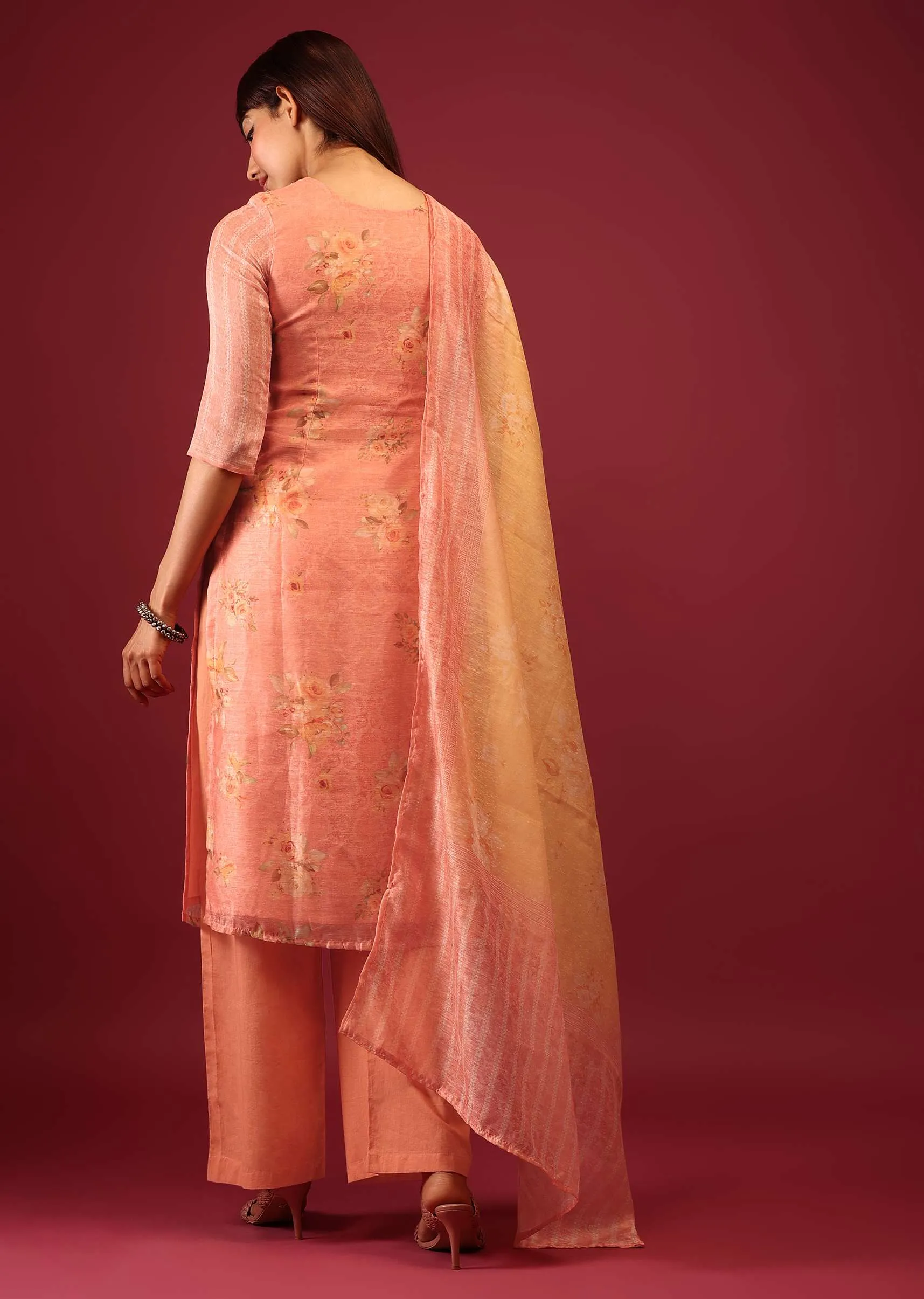 Peach Pink Floral Print Palazzo Suit In U Neckline With Thread And Zari Embroidery