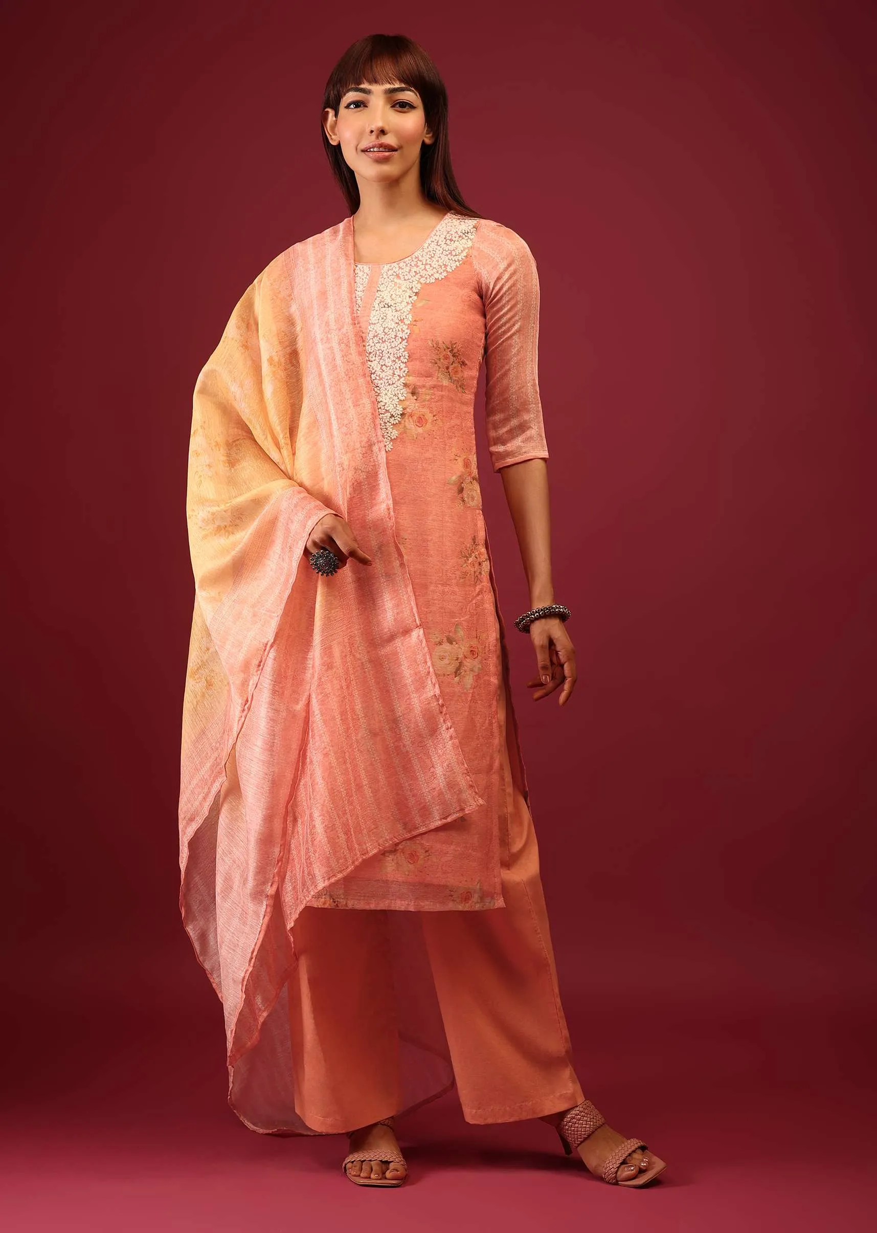 Peach Pink Floral Print Palazzo Suit In U Neckline With Thread And Zari Embroidery