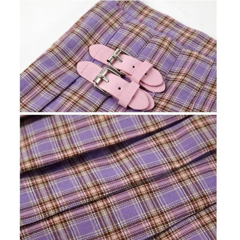 [Plus Size] Romantic pink buckle purple plaid A-line skirt