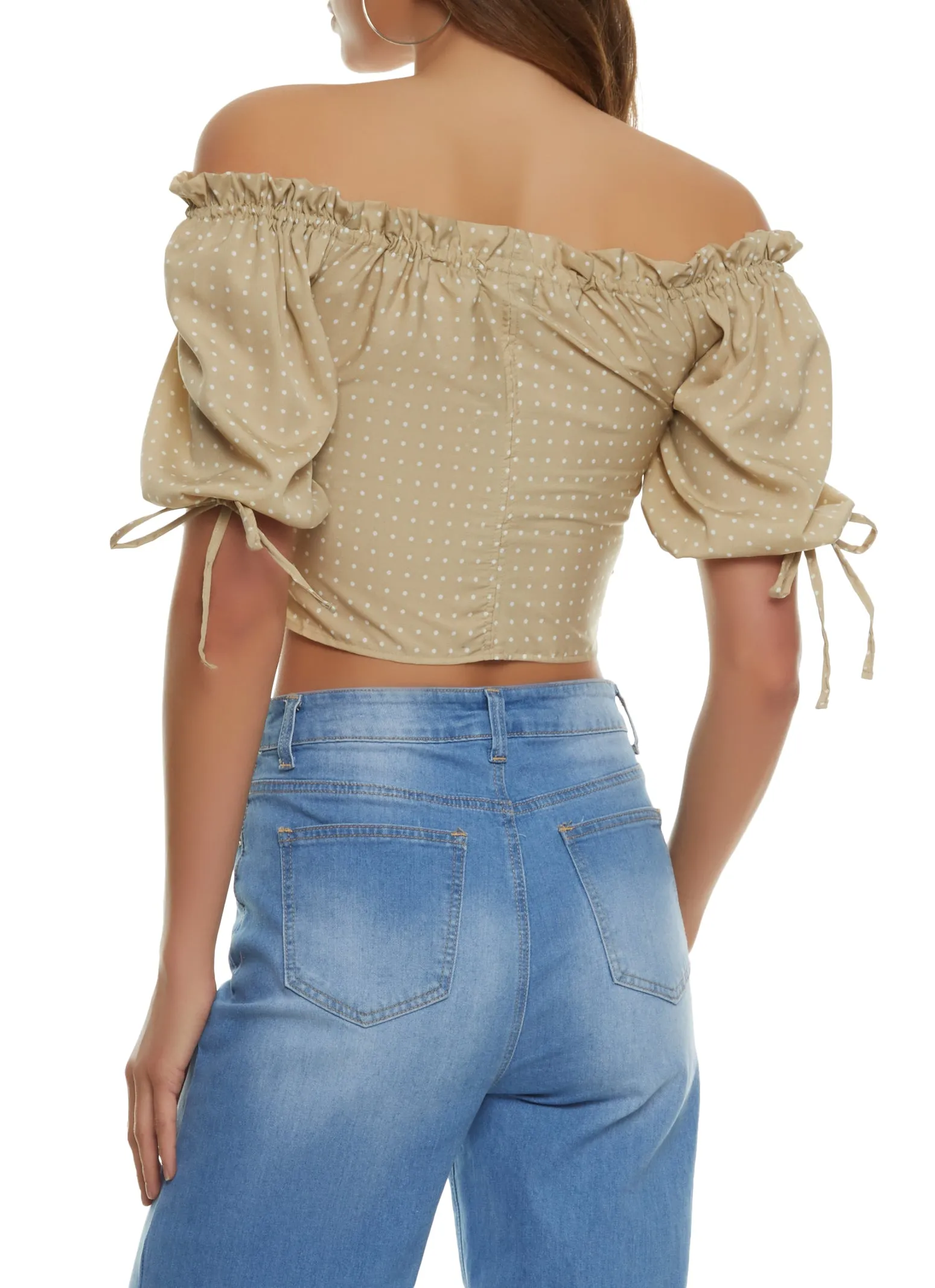Polka Dot Ruched Zip Front Off the Shoulder Top