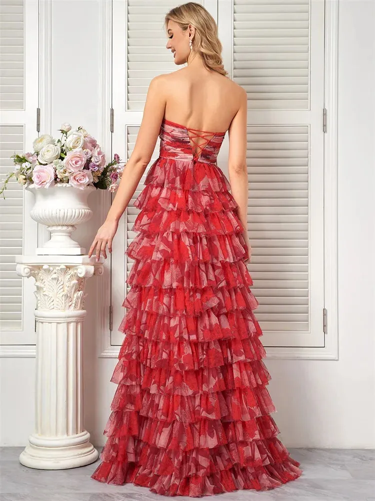 Prom Night Red Floral Tiered Chiffon Dress for Prom