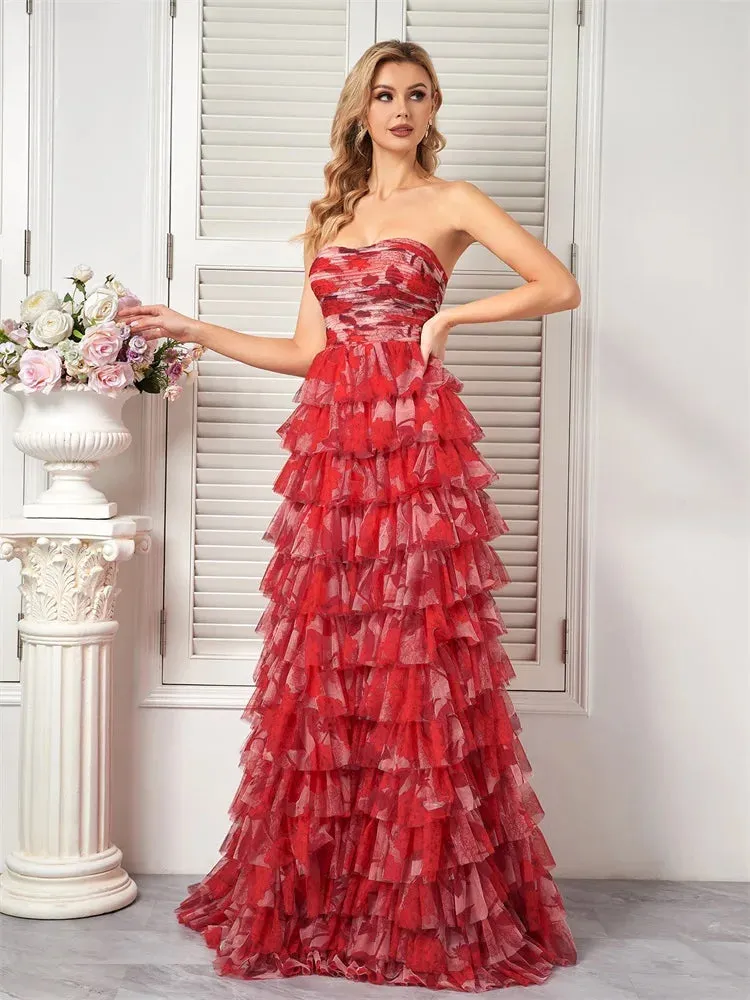 Prom Night Red Floral Tiered Chiffon Dress for Prom
