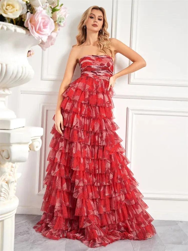 Prom Night Red Floral Tiered Chiffon Dress for Prom