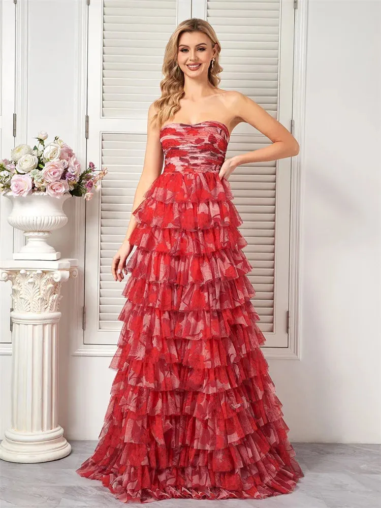 Prom Night Red Floral Tiered Chiffon Dress for Prom